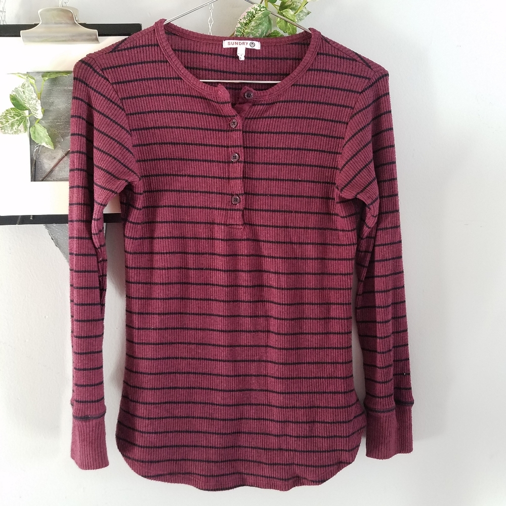 Sundry Women's Long‎ Sleeve Striped Ribbed Pullover Henley Top 0 XS